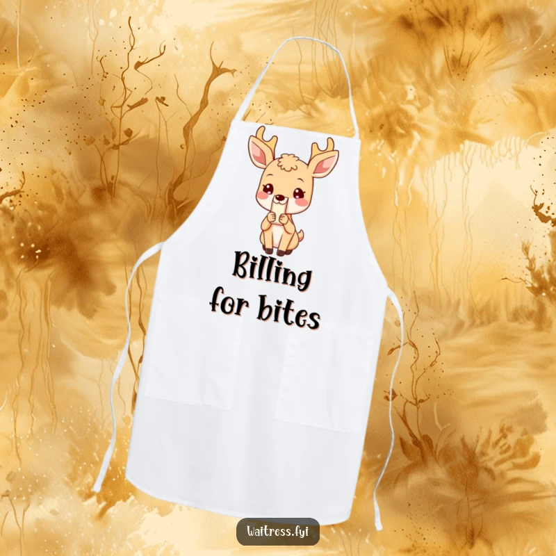 Funny Deer Apron: Durable apron with a blushing deer presenting a bill, signifying politeness, a great funny gift.