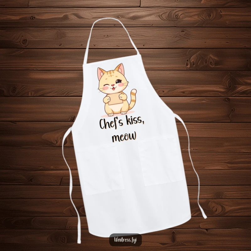 Funny cat apron featuring a happy cat taking an order with a polite nod and twinkling eye, humorous for cooking.
