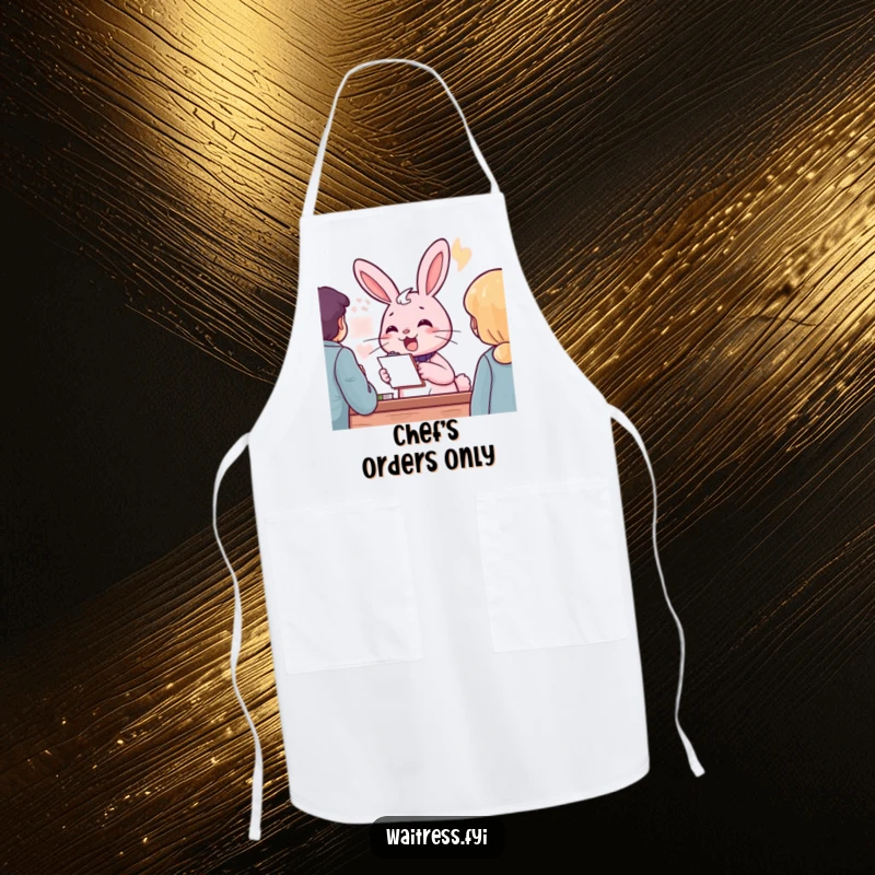 Funny pink rabbit character with a notepad, cheerfully taking an order, on an apron, a funny kitchen gift.
