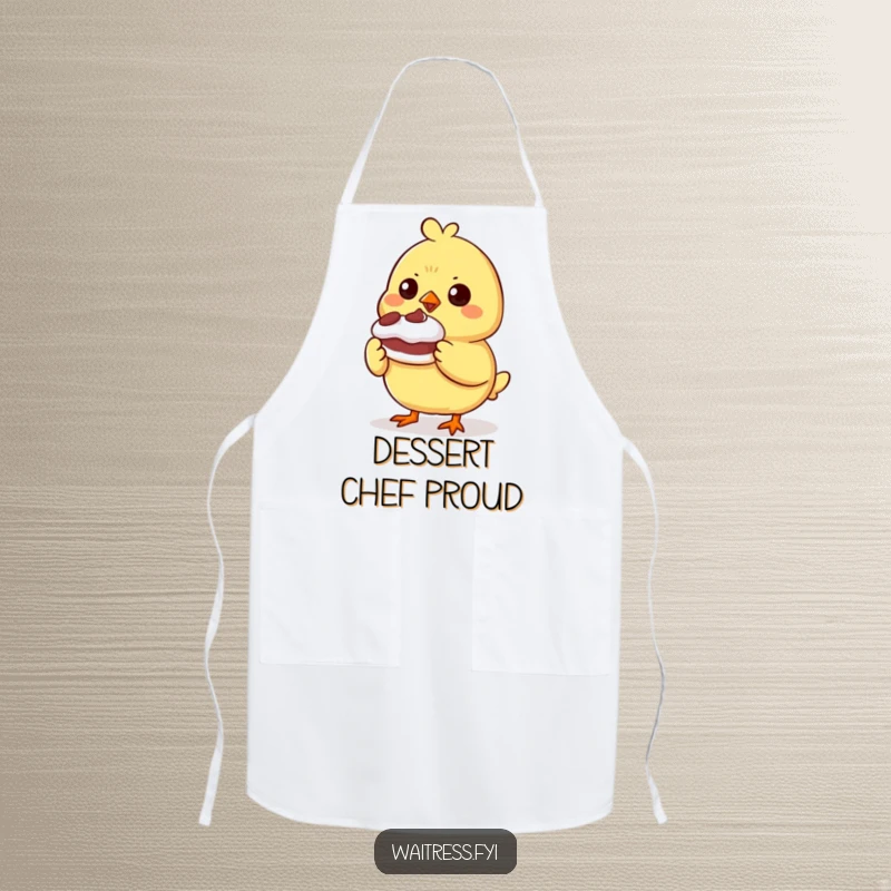 Funny determined chick character presenting a small, wobbly dessert on a kitchen apron, ideal for baking and cooking.