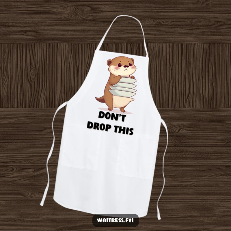 Funny otter apron, a diligent otter balancing a stack of plates precariously, perfect for chefs and anyone who juggles tasks.