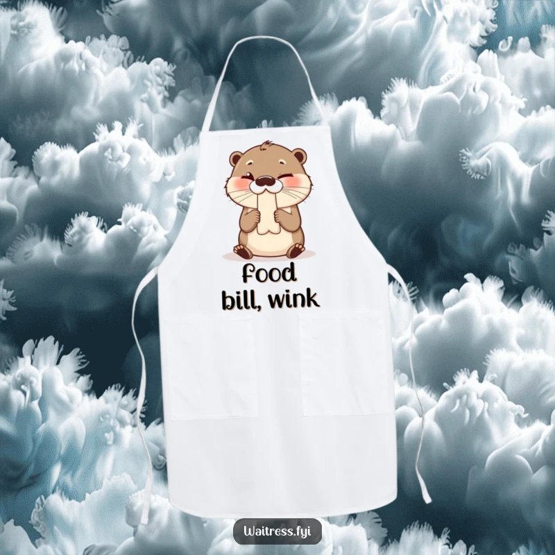 Funny apron featuring a giggling otter presenting a bill with a cheeky wink, ideal for kitchen or service.