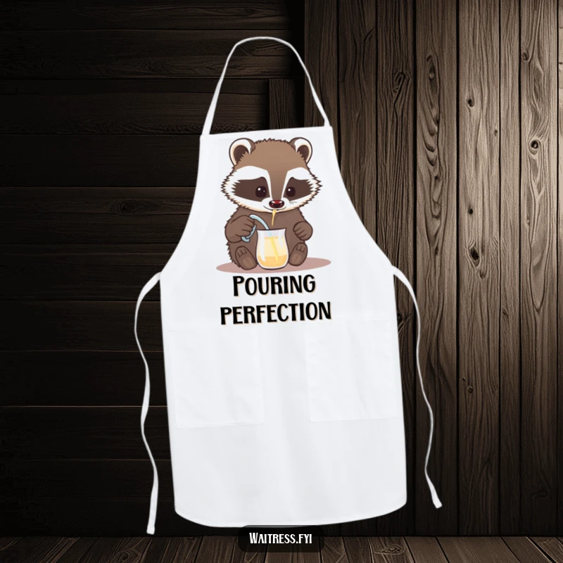 Funny badger apron, a brave badger carefully pouring a drink from a tiny pitcher. Humorous kitchen wear for aspiring mixologists.