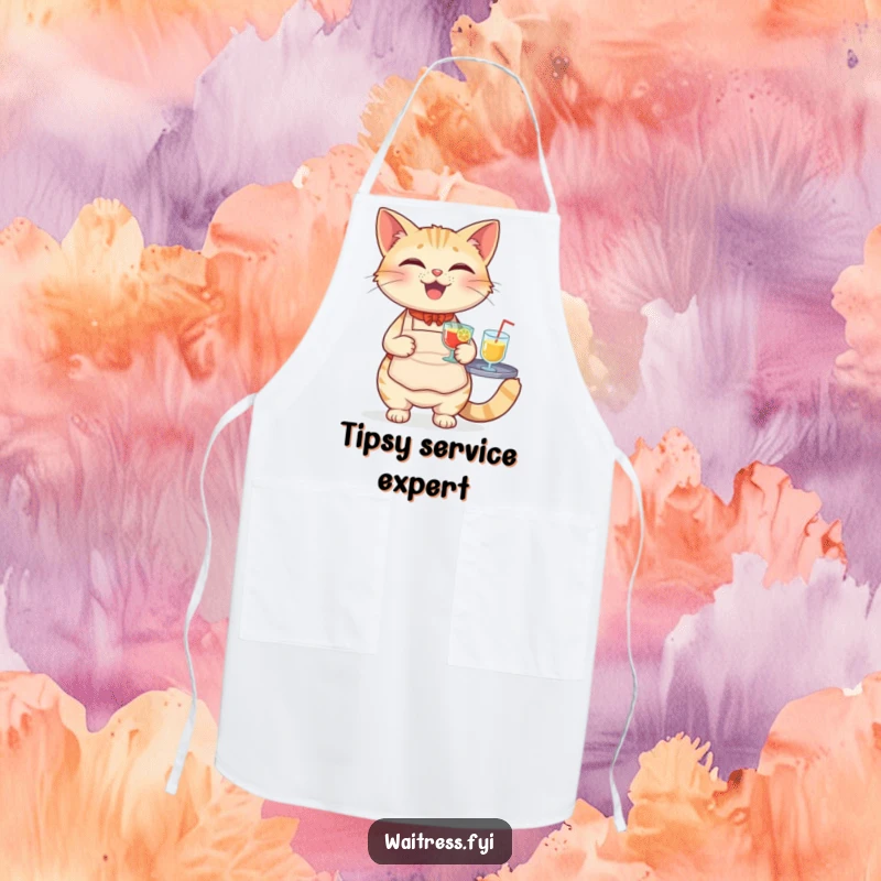 Funny Cat Waiter Apron showcasing a cute cat in a tiny apron, balancing a tray of beverages.