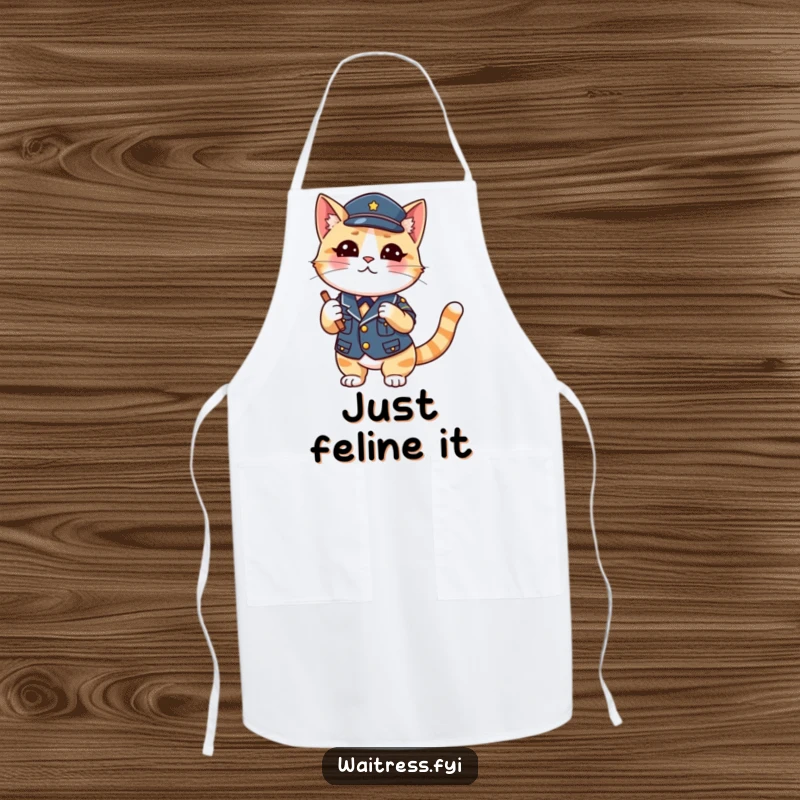 Funny Cat Waiter Apron featuring a playful cat in uniform winking while taking an order, ideal for cooking and as a funny gift.