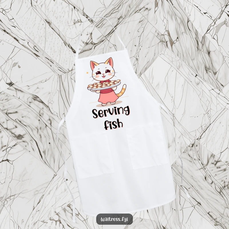 Funny Cat Waitress Apron: A happy cat waitress balancing a tray of tiny fish, ideal for a fun and food-loving kitchen.