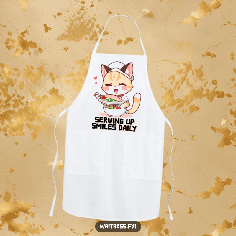 Funny cat waitress apron, winking charmingly while serving a fish dish, perfect for a humorous cooking experience.