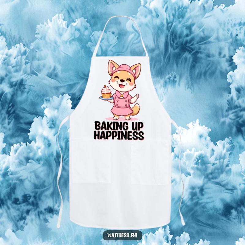 Funny Dog Waitress Apron featuring a smiling dog playfully balancing a dessert, designed to bring joy and humor to the kitchen.