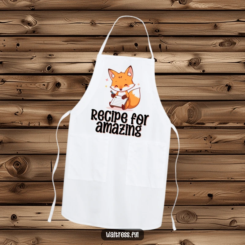Funny fox apron featuring a playful fox scribbling orders on a notepad, ideal for humorous cooking.