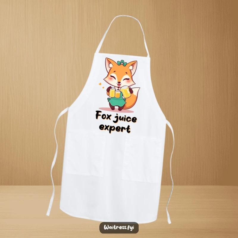 Funny Fox Waitress Apron: Winking fox pouring juice, humorous kitchen wear for cooks.