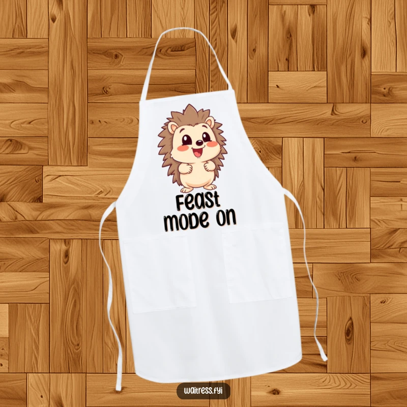 Funny happy hedgehog character with a large menu, looking eager, on a kitchen apron, ideal for cooking and baking.