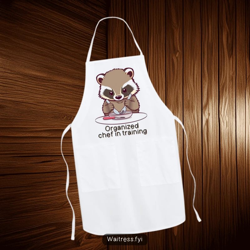 Funny Kawaii Badger Apron: A cute badger is shown with precision arranging cutlery for a perfect meal setting.