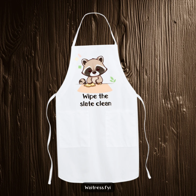 Funny apron with a busy Kawaii raccoon wiping a table, perfect for keeping clean while cooking with a humorous touch.