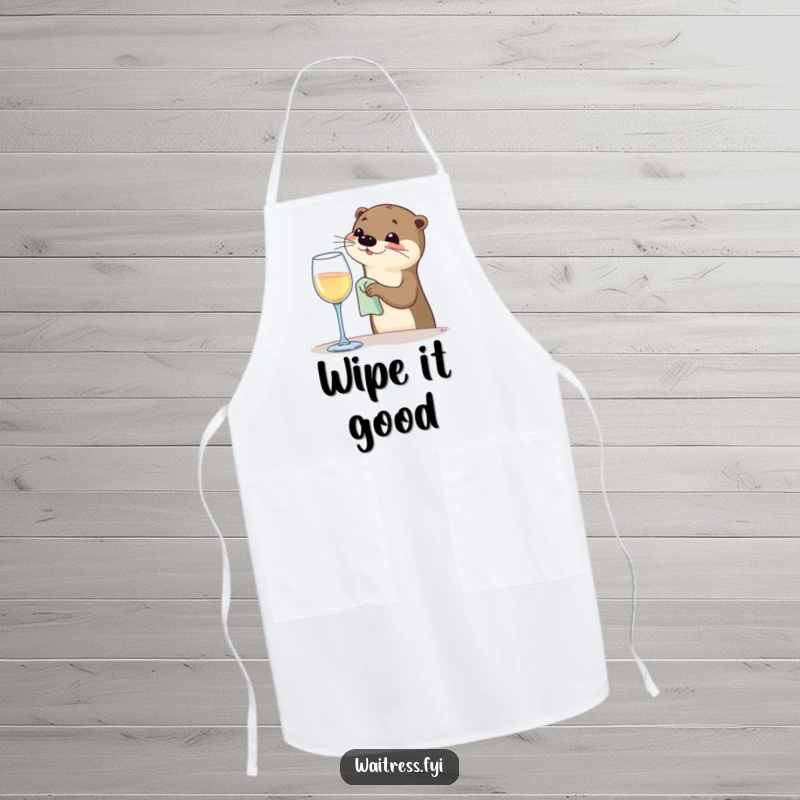 Funny Otter Bartender Apron featuring a happy otter polishing a wine glass, ideal for hosting and as a funny gift.