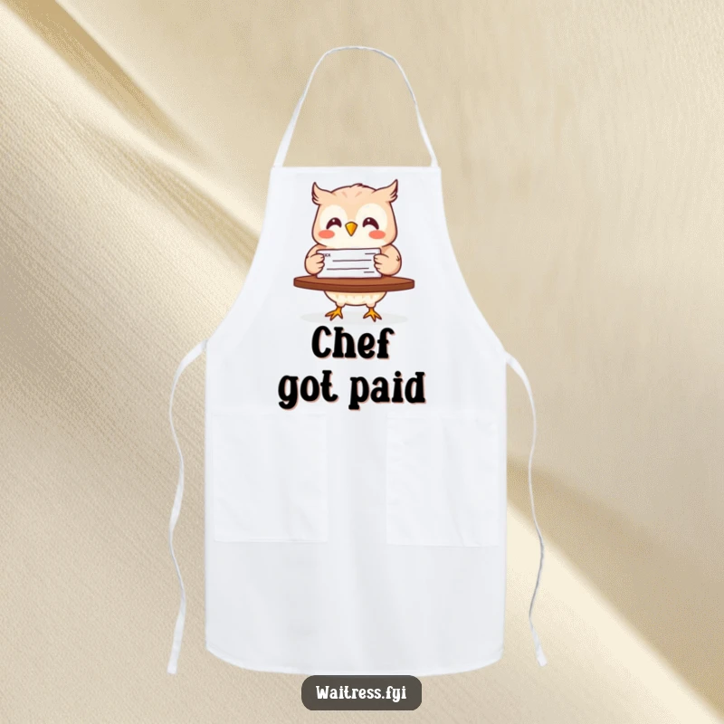 Funny apron featuring a happy owl carrying a check, perfect for keeping clean while cooking with financial humor.