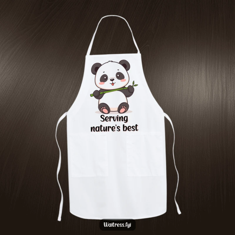 Funny Panda Serving Apron featuring a cute panda proudly presenting a tiny bamboo shoot, designed to bring joy to the kitchen.