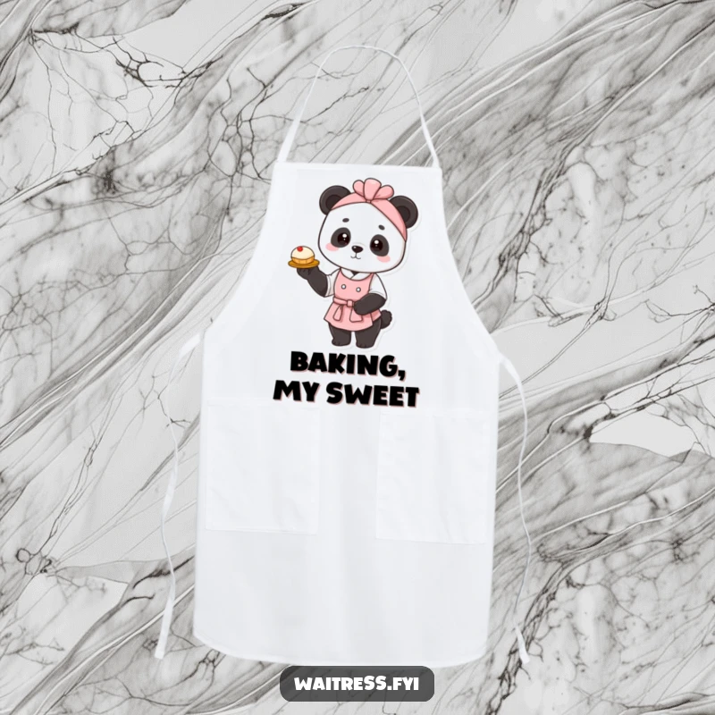 Funny panda waitress apron depicting a graceful panda presenting a delicate pastry, ideal for humorous and elegant kitchen adventures.