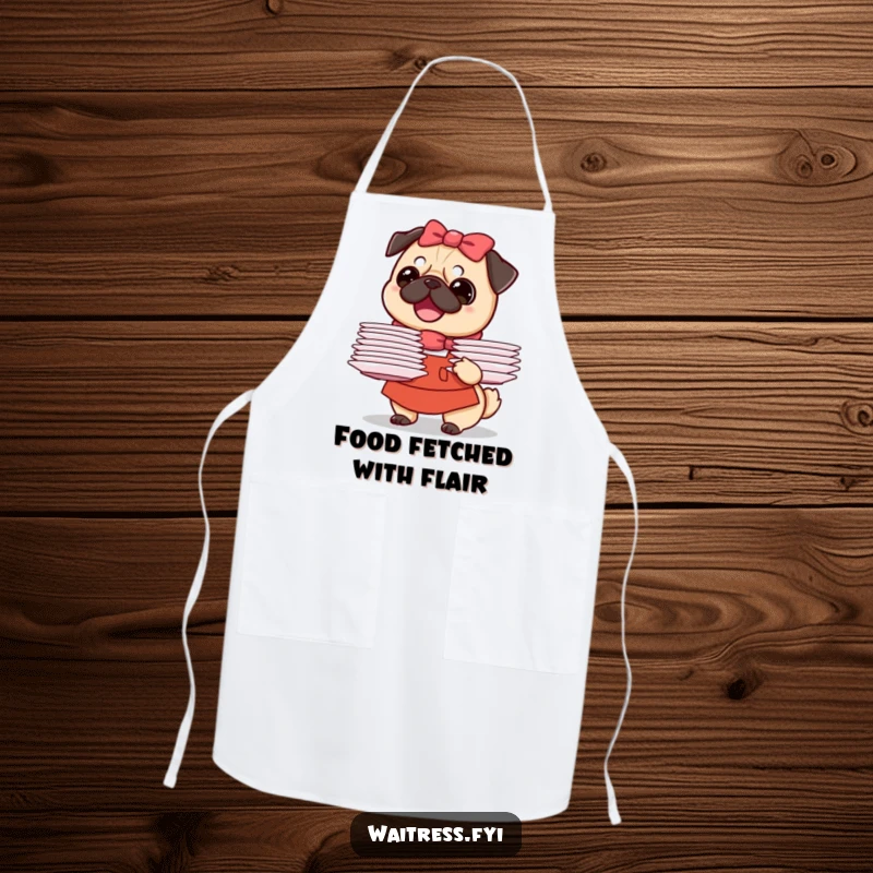 Funny Pug Waitress Apron featuring a joyful pug artistically balancing a stack of plates, ready to bring humor to the kitchen.
