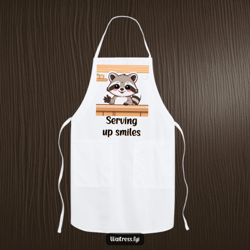 Funny raccoon apron, a delighted raccoon waving from behind a counter. Humorous kitchen wear for the welcoming host.