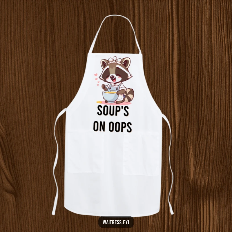 Funny, durable raccoon waitress apron illustrating a giggling raccoon spilling imaginary soup, ideal for kitchen fun.