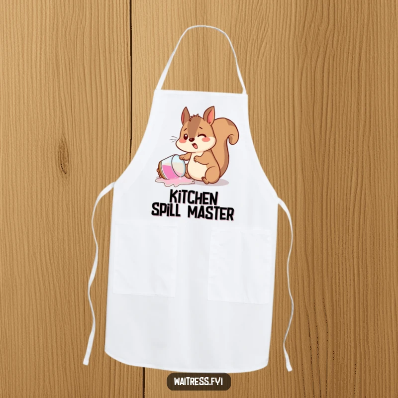 Funny apron featuring a startled squirrel spilling a drink, perfect for keeping clean while cooking with humorous clumsiness.