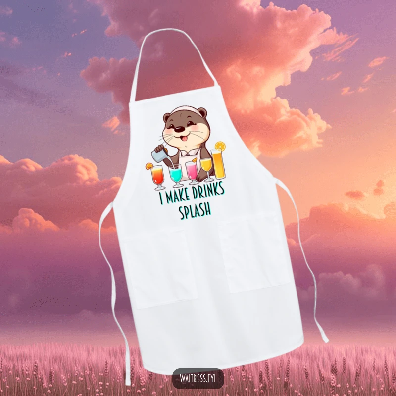 Funny otter waitress apron depicting a smiling otter pouring colorful drinks with a flourish, ideal for humorous kitchen adventures.