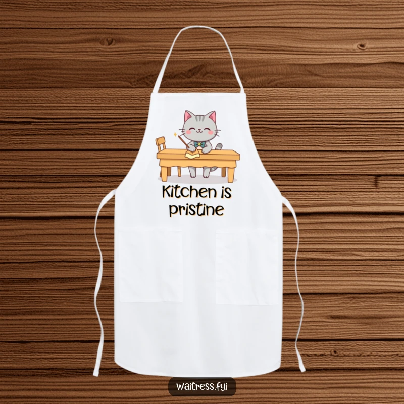 Funny grey cat character with a bow tie, smiling and wiping a table, on an apron, a funny kitchen gift.