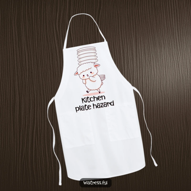 Funny Sheep Plate Struggle Apron showing a fluffy sheep character adorably struggling to carry a tall stack of plates, perfect for kitchen fun.