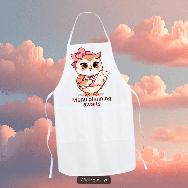 Funny Owl Waitress Apron: A polite owl with a warm smile offers a menu, perfect for adding humor to cooking.