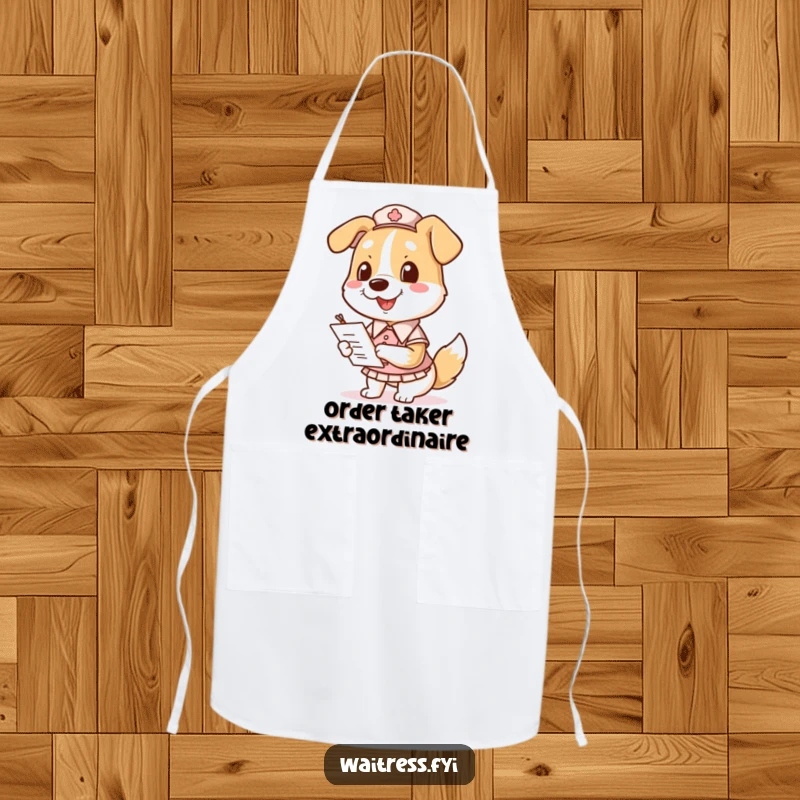 Funny Dog Waitress Apron with a smiling dog in a uniform, holding a notepad and pen for taking orders.