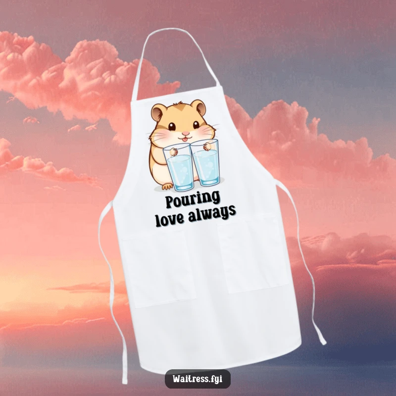 Funny apron with a content Kawaii hamster refilling water glasses, perfect for serving with care and a touch of cute humor.
