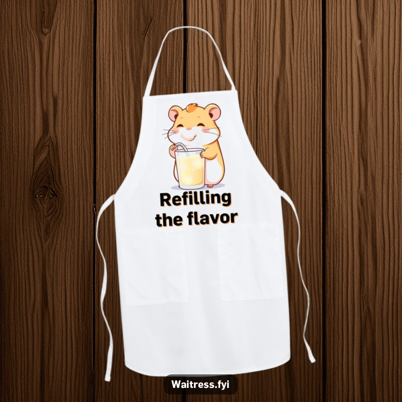 Funny apron with a happy hamster cheekily refilling a drink, perfect for kitchen use with a theme of cheerful hydration.