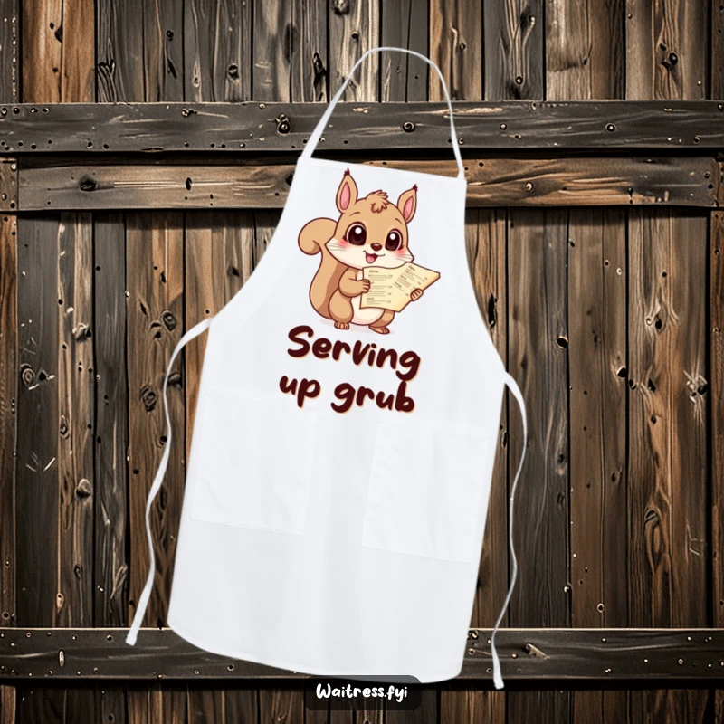 Funny apron featuring a giggling squirrel with wide eyes holding a menu, ideal for kitchen duties with a smile.