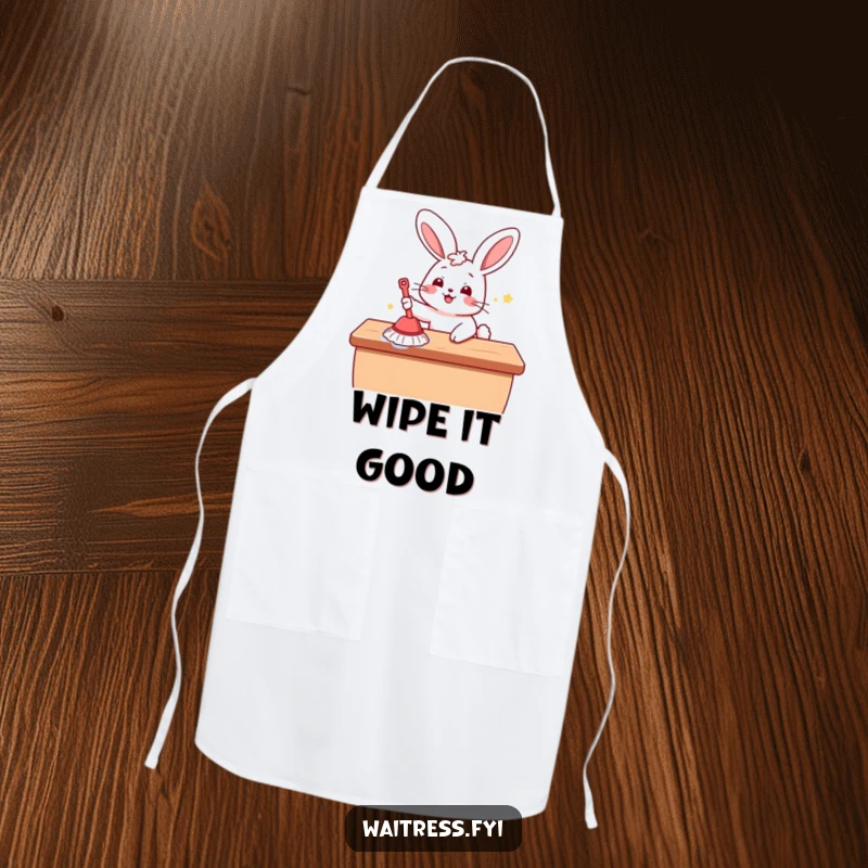 Funny Kawaii Bunny Apron: A cute bunny happily wiping a table, perfect for kitchen fun and keeping clothes clean.
