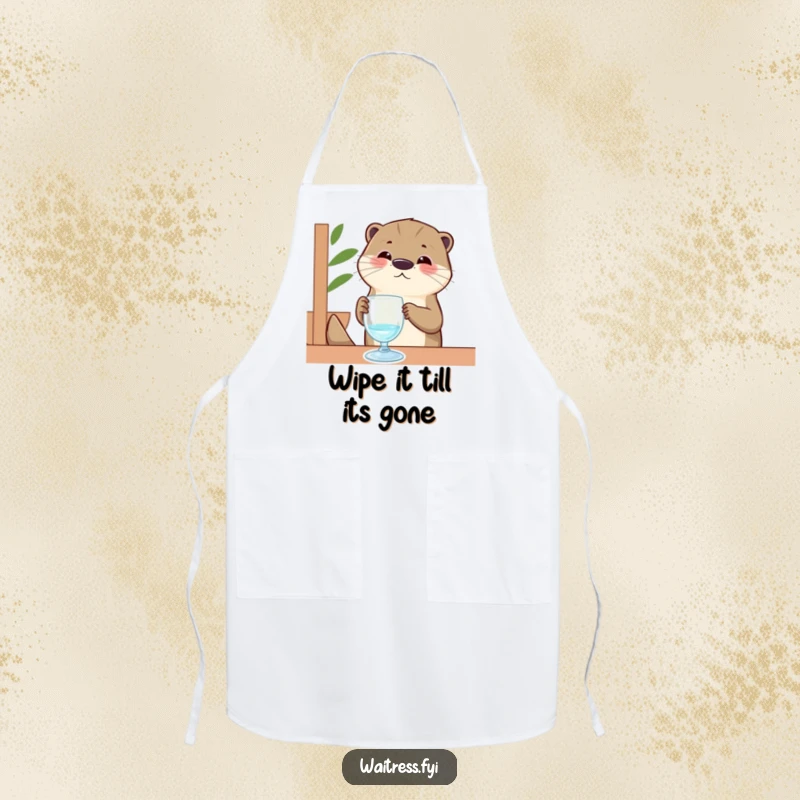 Funny Otter Apron: A contented otter server gleefully polishes an invisible glass, adding humor to your kitchen adventures.