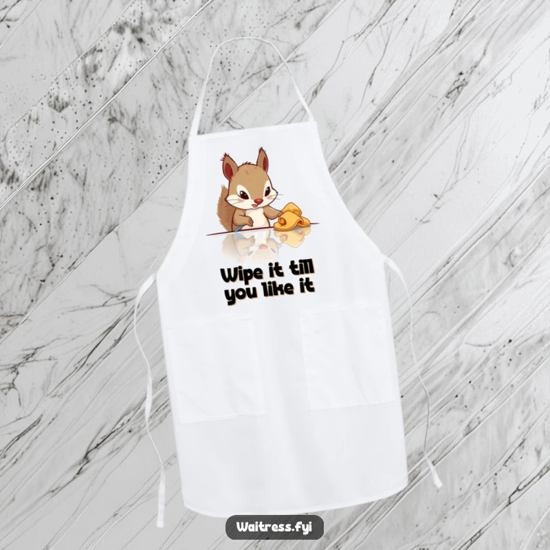 Funny squirrel apron featuring a squirrel with a cloth cleaning a table, ideal for a humorous cooking experience.