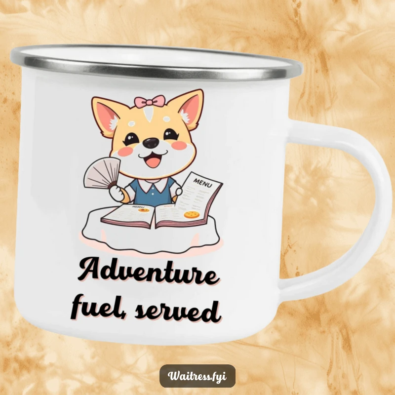 Funny dog waitress camping mug showcasing a bubbly dog fanning a menu, perfect for enjoying beverages during outdoor adventures with humor.
