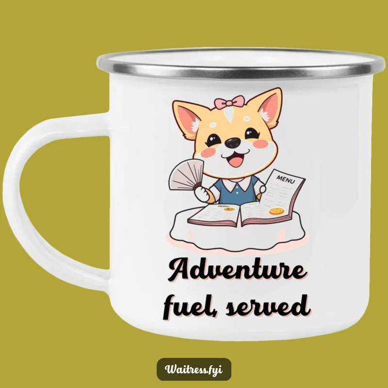 Funny Dog Waitress Camping Mug: Bubbly Pup Outdoor Sips, Humorous Adventure Gift