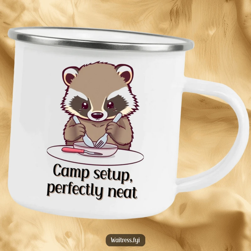 Funny Kawaii Badger Camping Mug: A cute badger arranging cutlery, ready to bring order to your outdoor beverage.