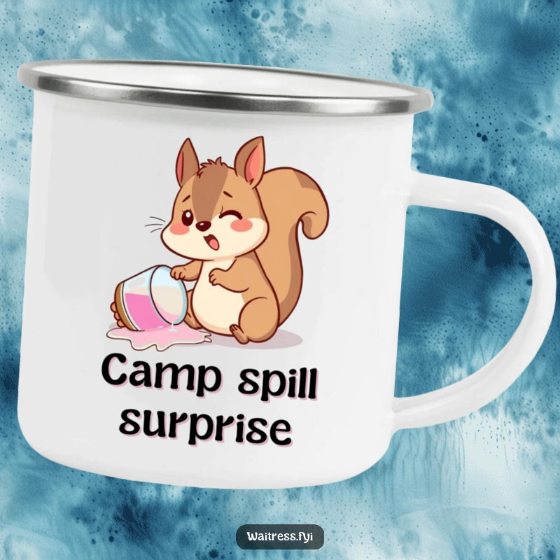 Funny camping mug depicting a startled squirrel spilling a drink, ready for outdoor adventures and embracing life's messy moments.