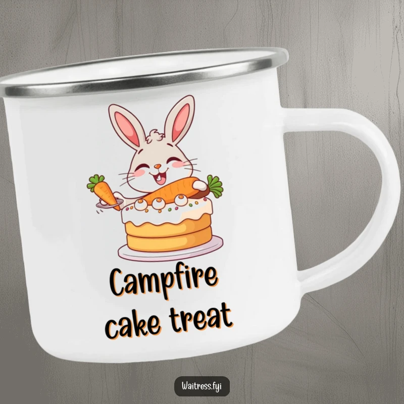 Funny Bunny Baker Camping Mug with a giggling bunny serving a giant carrot cake with impressive flair.