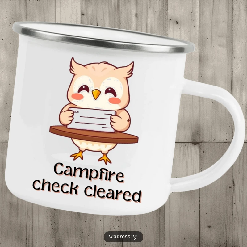 Funny camping mug depicting a happy owl carrying a check, ready for outdoor adventures and celebrating financial success.