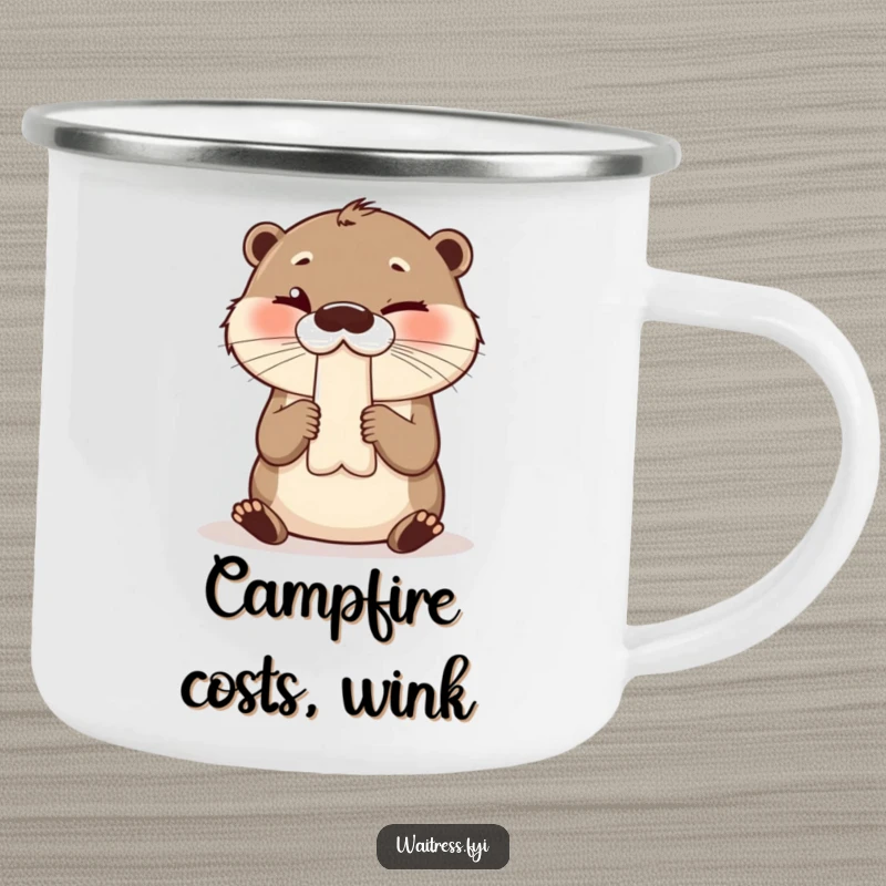 Funny camping mug depicting a giggling otter presenting a bill with a wink, ideal for outdoor adventures.