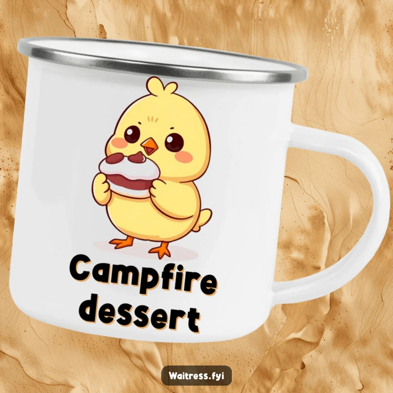 Funny determined chick character presenting a small, wobbly dessert on an enamel camping mug, designed for outdoor enjoyment.