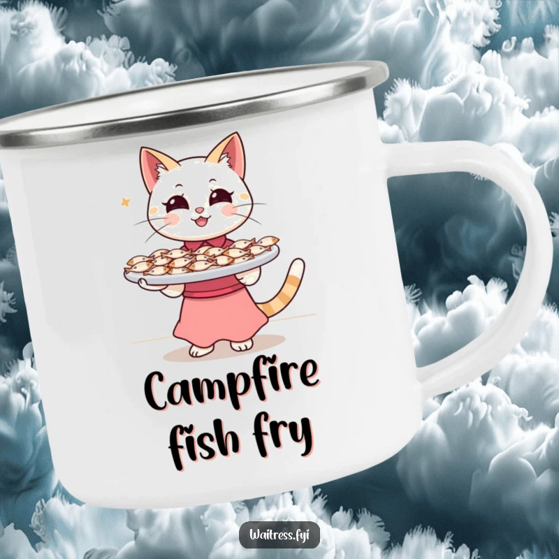 Funny Cat Waitress Camping Mug: A happy cat waitress balancing a tray of tiny fish, perfect for campers who love feline humor.