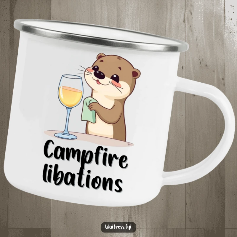 Funny Otter Bartender Camping Mug with a happy otter polishing a wine glass, ideal for camping trips and as a funny gift.