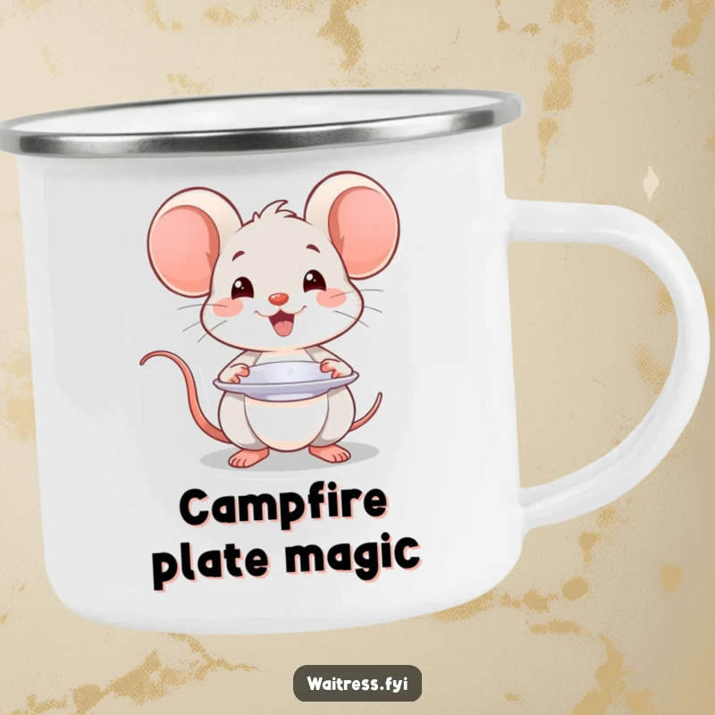 Funny Kawaii mouse camping mug with a smiling mouse presenting a plate with a flourish, for outdoor enjoyment.
