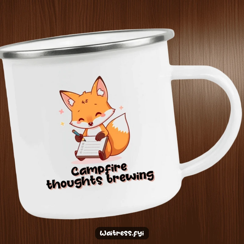 Funny fox camping mug showing a playful fox scribbling orders on a notepad, a humorous addition to outdoor gear.