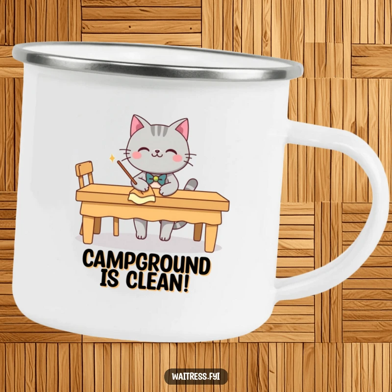 Funny grey cat character with a bow tie, smiling and wiping a table, on a camping mug, a funny outdoor gift.