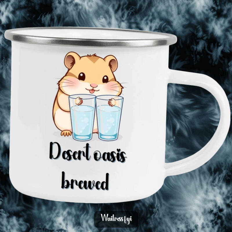 Funny camping mug with a content Kawaii hamster refilling water glasses, perfect for enjoying drinks and staying hydrated outdoors.
